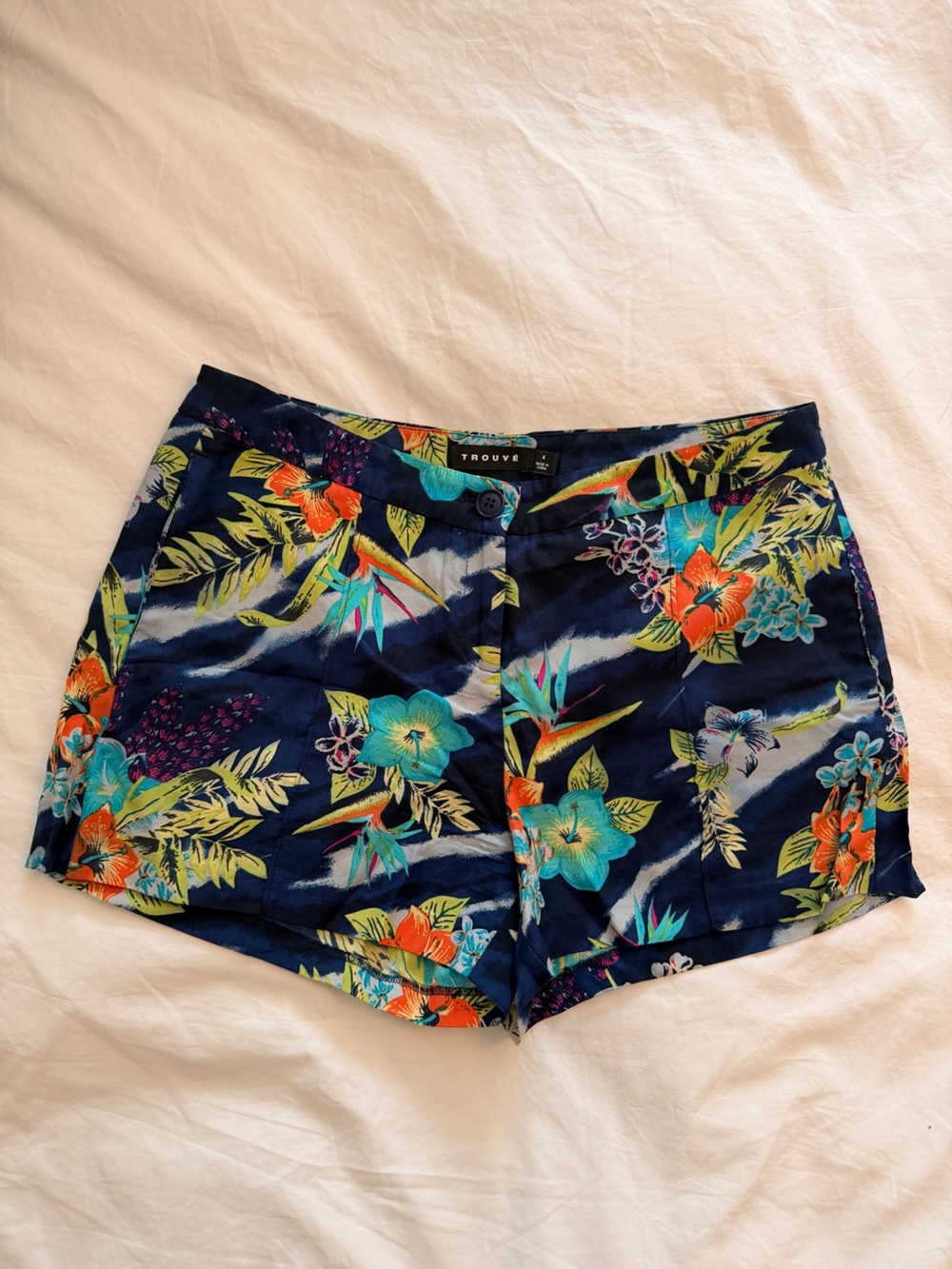 Trouvé Navy Tropical Print Shorts with Teal & Orange Accents